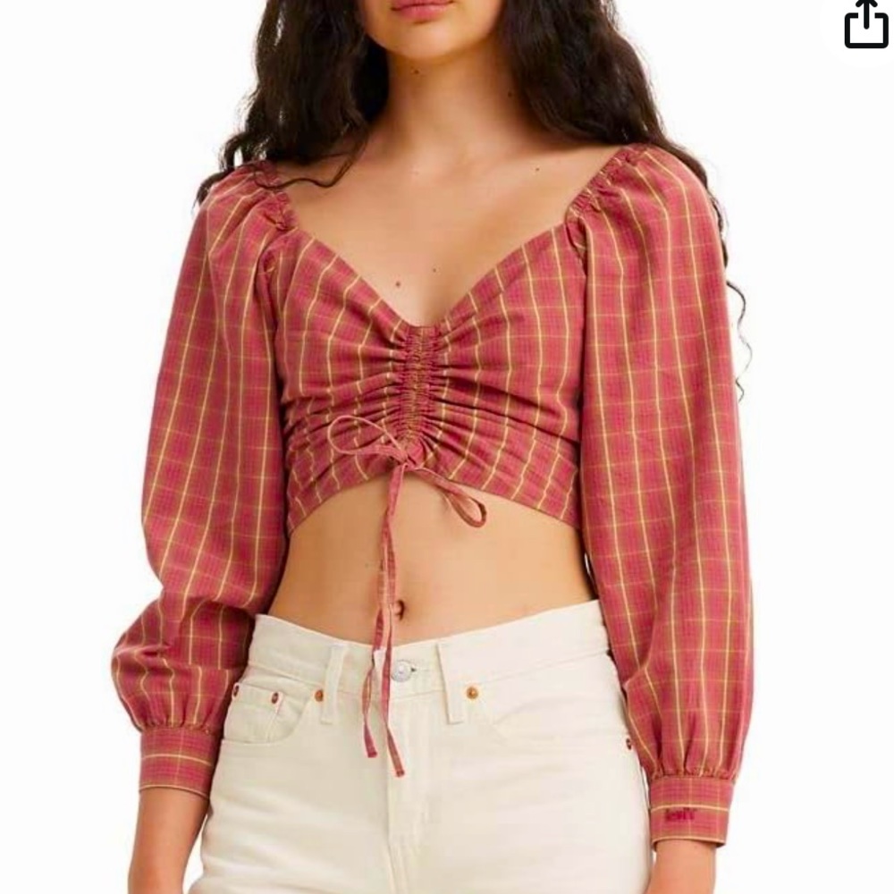 Levi’s Plaid Puffed Sleeve Cropped Top